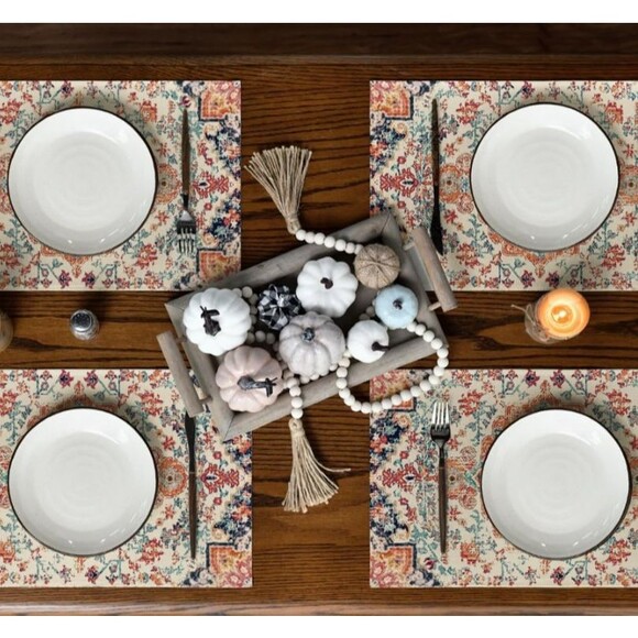 Set of 4 Placemats 12x18in Woven Polyester Orange Teal Boho - Picture 2 of 2